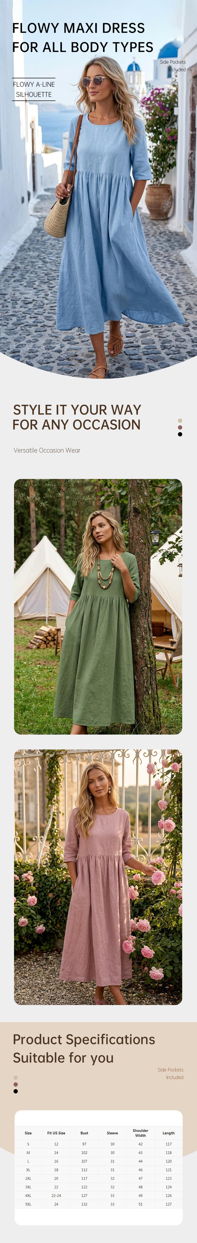 2026 Spring/Summer Round Neck 3/4 Sleeve Plus Size Casual Loose Long Solid Color Cotton Linen Dress