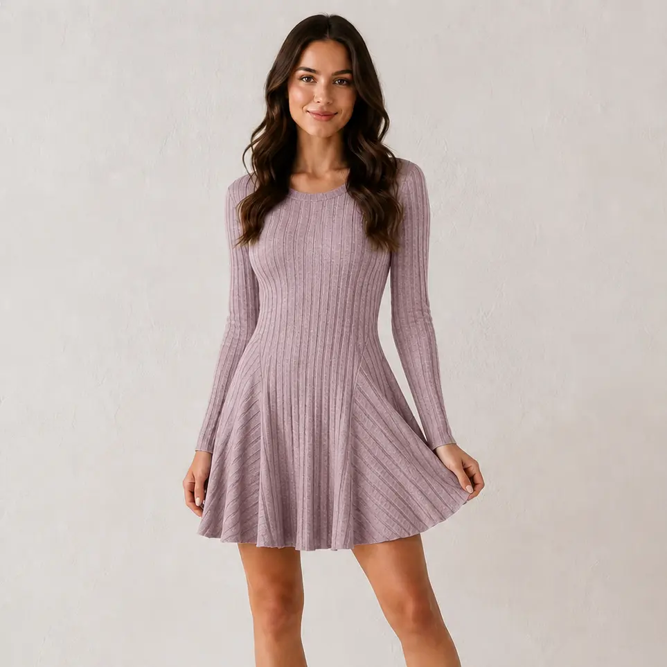 Women’s Ribbed Long Sleeve V-Neck Fit-and-Flare Mini Sports Dress - Fitted Upper, Check Measurements, Solid Color, for Fall Winter, Sizes S-3XL