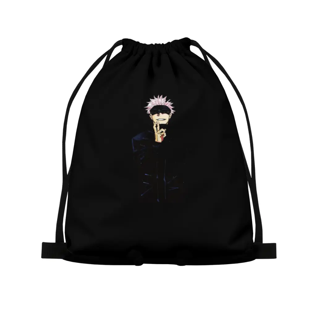 Anime Jujutsu Kaisen Gojo Satoru Insane Style Printed Drawstring Bag, Lightweight Black Cinch Tote Backpack for Gym Sport, Otaku Fan Gift Bag backtoschool