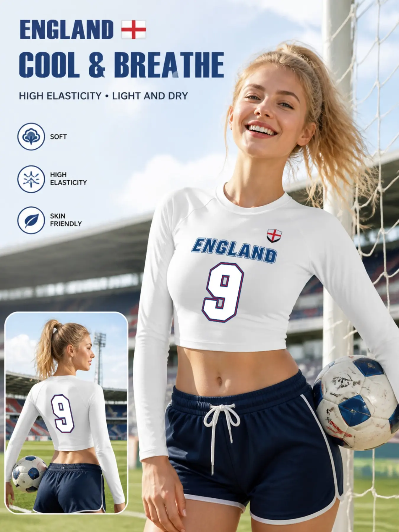 2026 England Women's Long Sleeve Football T-Shirt, Classic Round Neck, Sporty Loose Fit, Ideal for Matches and Daily Wear