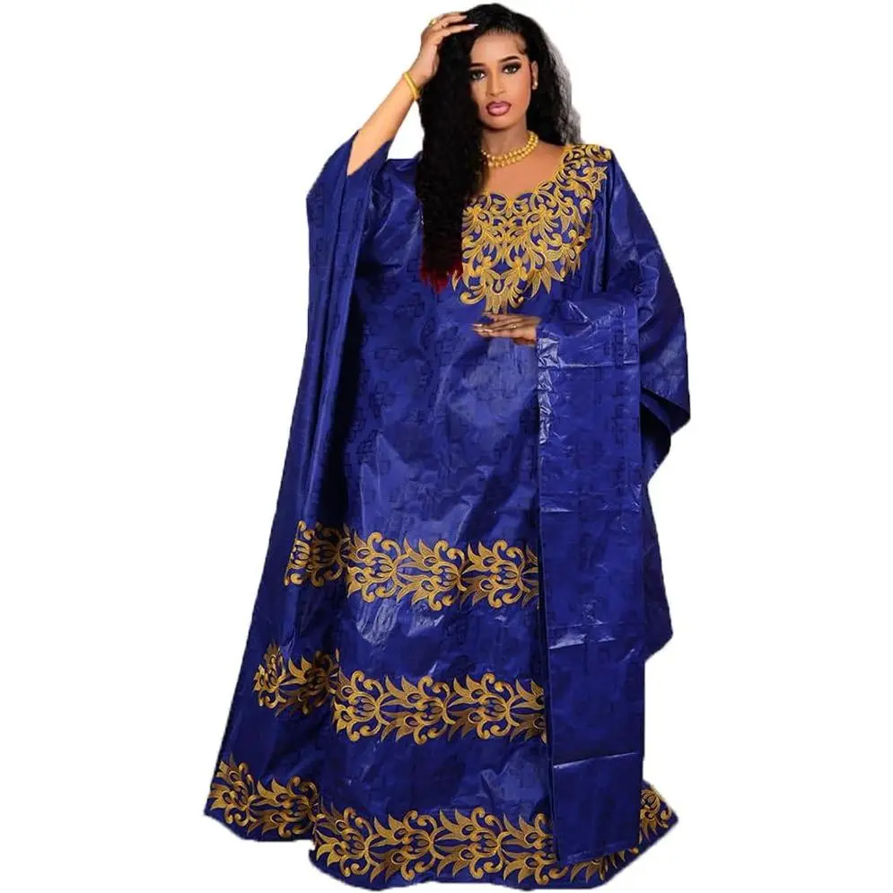 Women's 2-Piece Modest Islamic Traditional African Outfit Set, Long-Sleeve Loose-Fit Bazin Fabric Embroidered Boubou Caftan with Border Print Abaya