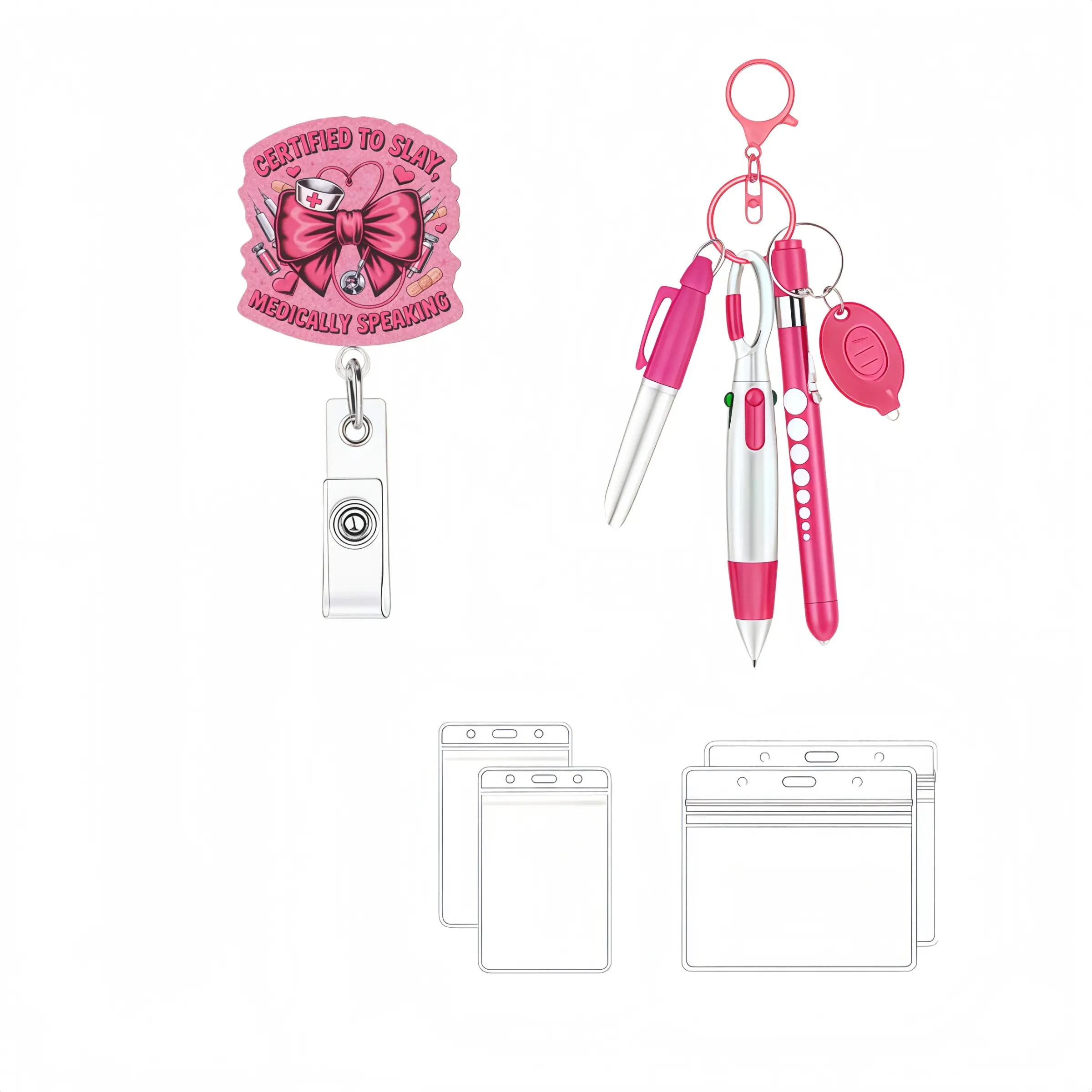 Nurse Bow Badge Scroll Set, Certified Medical Professional Stretch ID Clip, Multi-Function Pen, ID Card Holder, Gift Set for Nurses