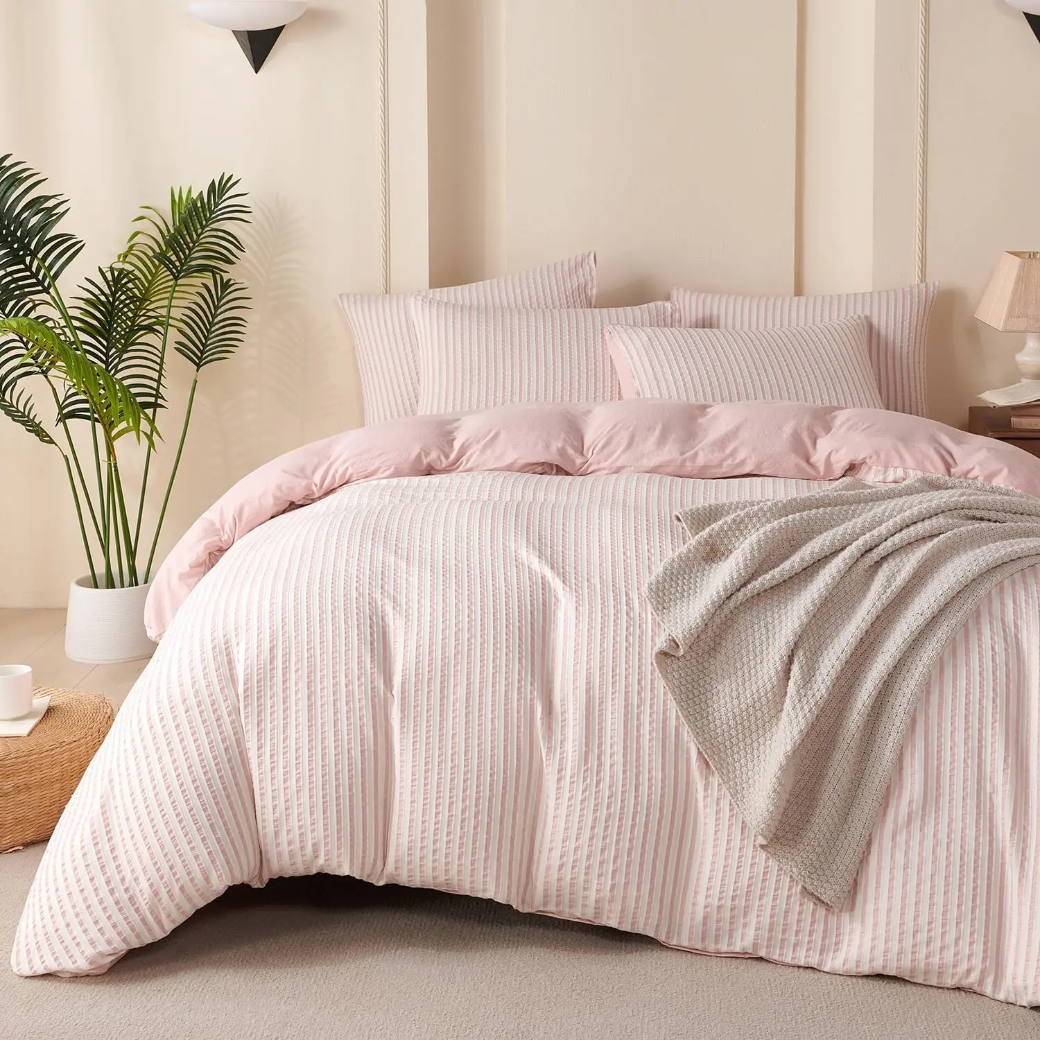 Pink Comforter Set Queen Size Striped 100% Soft Washed Microfiber Jacquard 3 Pieces Striped Bedding Sets Pink White Comforter Queen for All Seasons and 2 Pillowcases Comfort Breathable