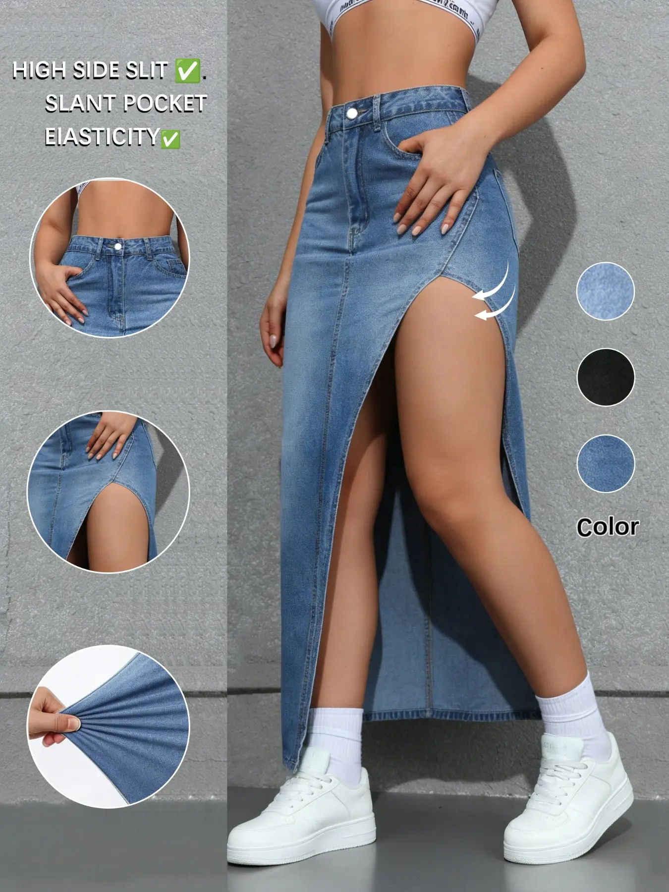 Summervibes New Fashion Women's Denim Long Slit Skirt, Side Split Design, Button, Versatile, Suitable for Casual and Formal Occasions, Comfortable Daily Wear