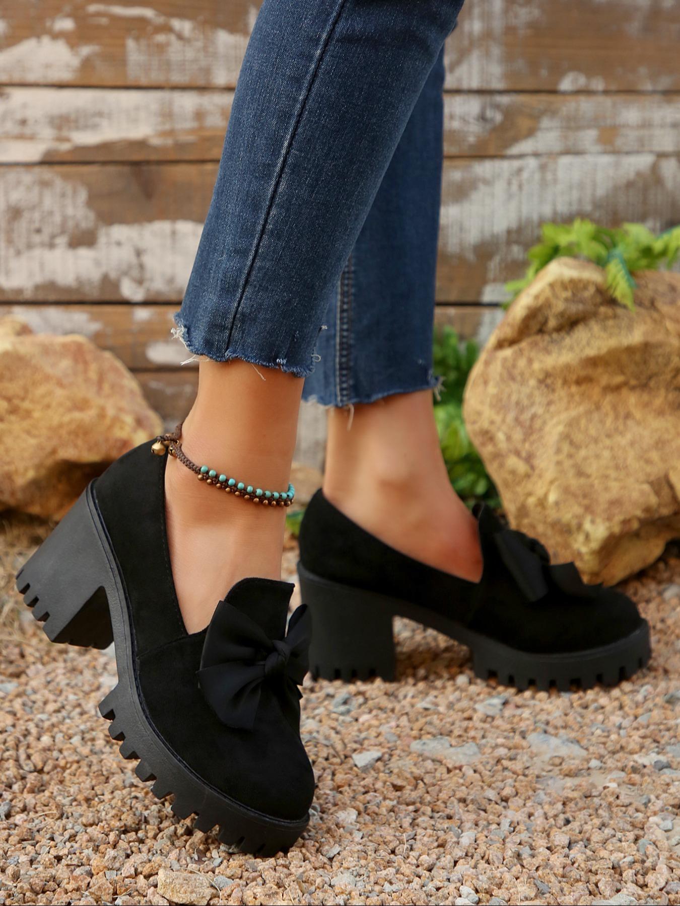 Women's Fashion Bow Design Slip-On Platform Loafers, Casual Fall Winter Shoes, Comfortable Round Toe Daily Wear, Thick Sole Leather Boots