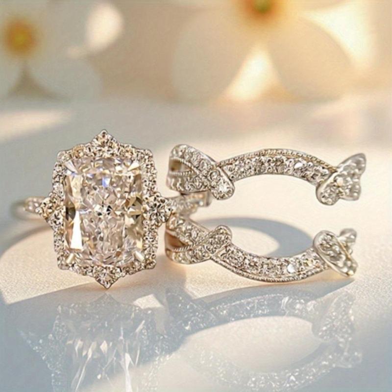 2-Piece Princess-Style Shiny Multi-Layer Square Couple Rings Synthetic Cubic Zirconia Stackable Rings Bride Engagement Promise Wedding Anniversary Birthstone Rings Valentine's Day Christmas Gifts High-Quality Jewelry for Women