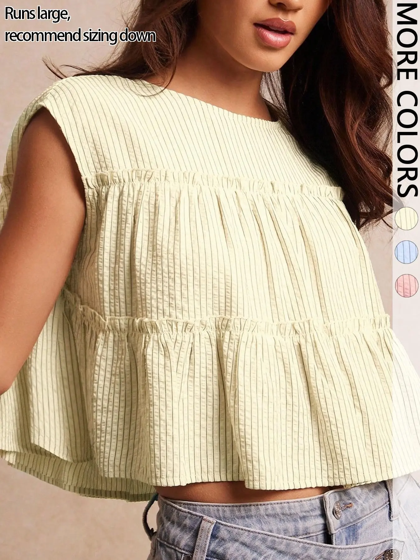 Women's Casual Feminine Summer Textured Striped Woven Round Neck Cap Sleeve Tiered Ruffle Top for Back to School