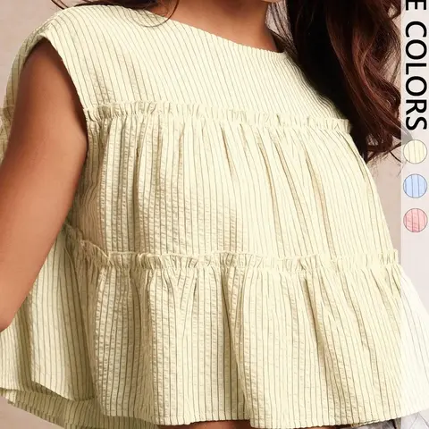 Women's Casual Feminine Summer Textured Striped Woven Round Neck Cap Sleeve Tiered Ruffle Top for Back to School Boho Casual Top