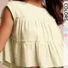 Women's Casual Feminine Summer Textured Striped Woven Round Neck Cap Sleeve Tiered Ruffle Top for Back to School Boho Casual Top