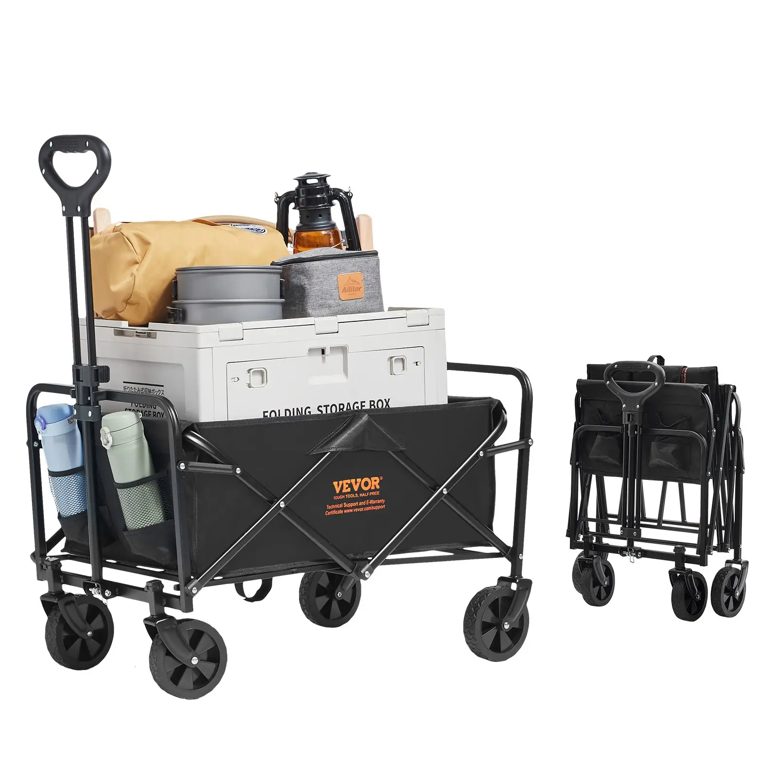VEVOR Collapsible Folding Wagon, 2 cu.ft Grass Wagon Cart with All-Terrain 5in Wheels, Heavy Duty Folding Wagon Cart 220 lbs Weight Capacity with Drink Holders, Wagon for Camping, Shopping, Garden