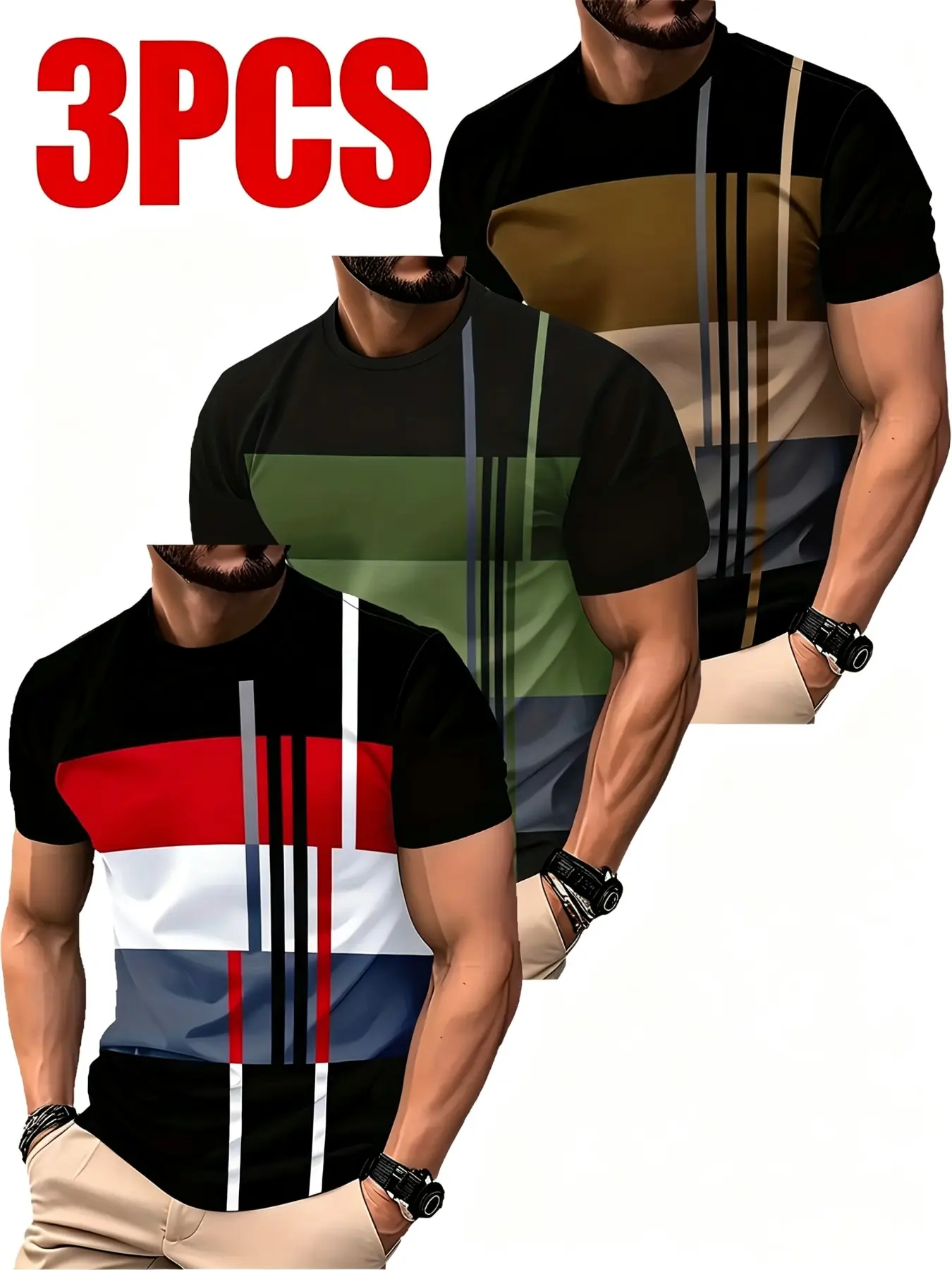 3-Pack Men's Round Neck Short Sleeve T-Shirts, Base Geometric Print, Loose Fit Casual Summer Top, Long Length Unlined