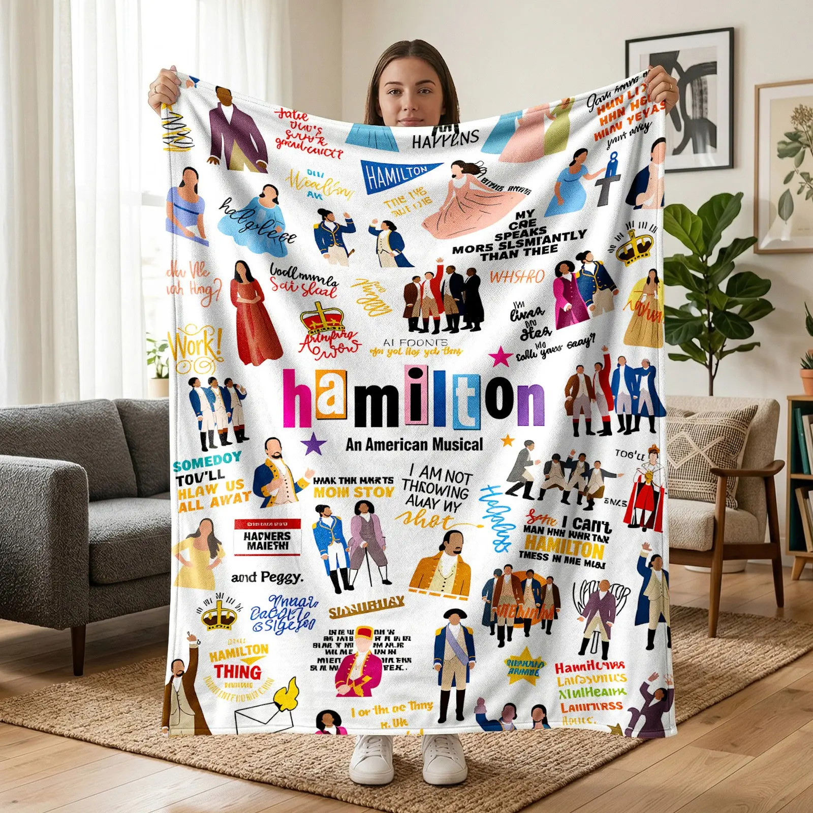 1pc Hamilton Musical Character Collage Fleece Blanket, White Background Cartoon Figures & Classic Musical Lyrics All Over Print. Soft Warm Multi-use Throw for Sofa, Bed, Office, Camping, Ideal Christmas Gift.
