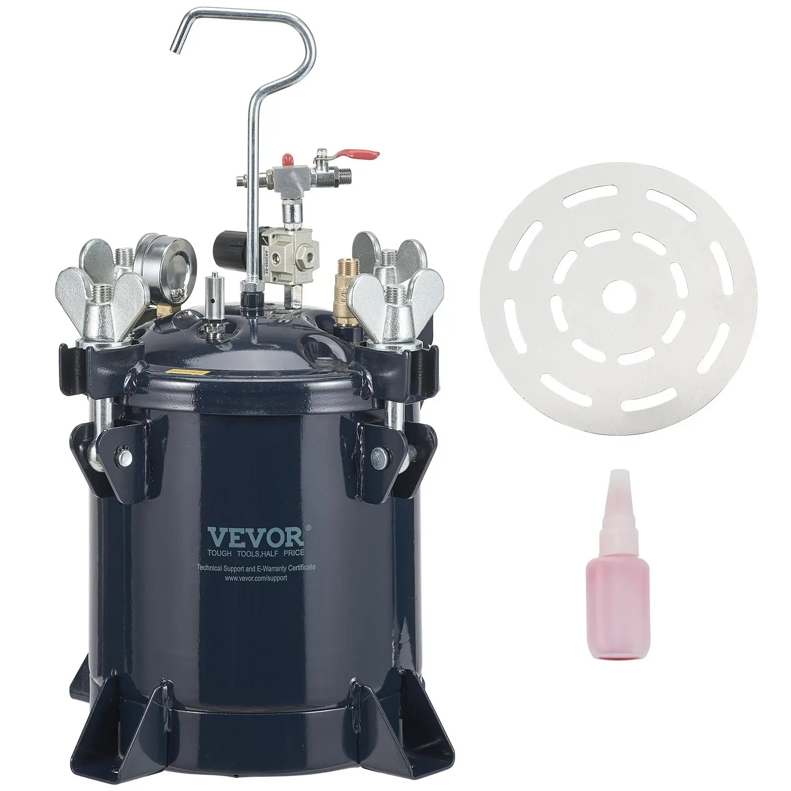 【Summerfinds】VEVOR Corrosion Resistant Steel High-Pressure Spray Paint Pot Tank, 10L/2.5gal, 0-70 psi Max Air Pressure, 1/4 in Port, 3/8 in Outlet, Dual Valves, Metal Rack + Leak Repair Sealant, Efficient for Latex Painting, Construction Vehicles, Ships