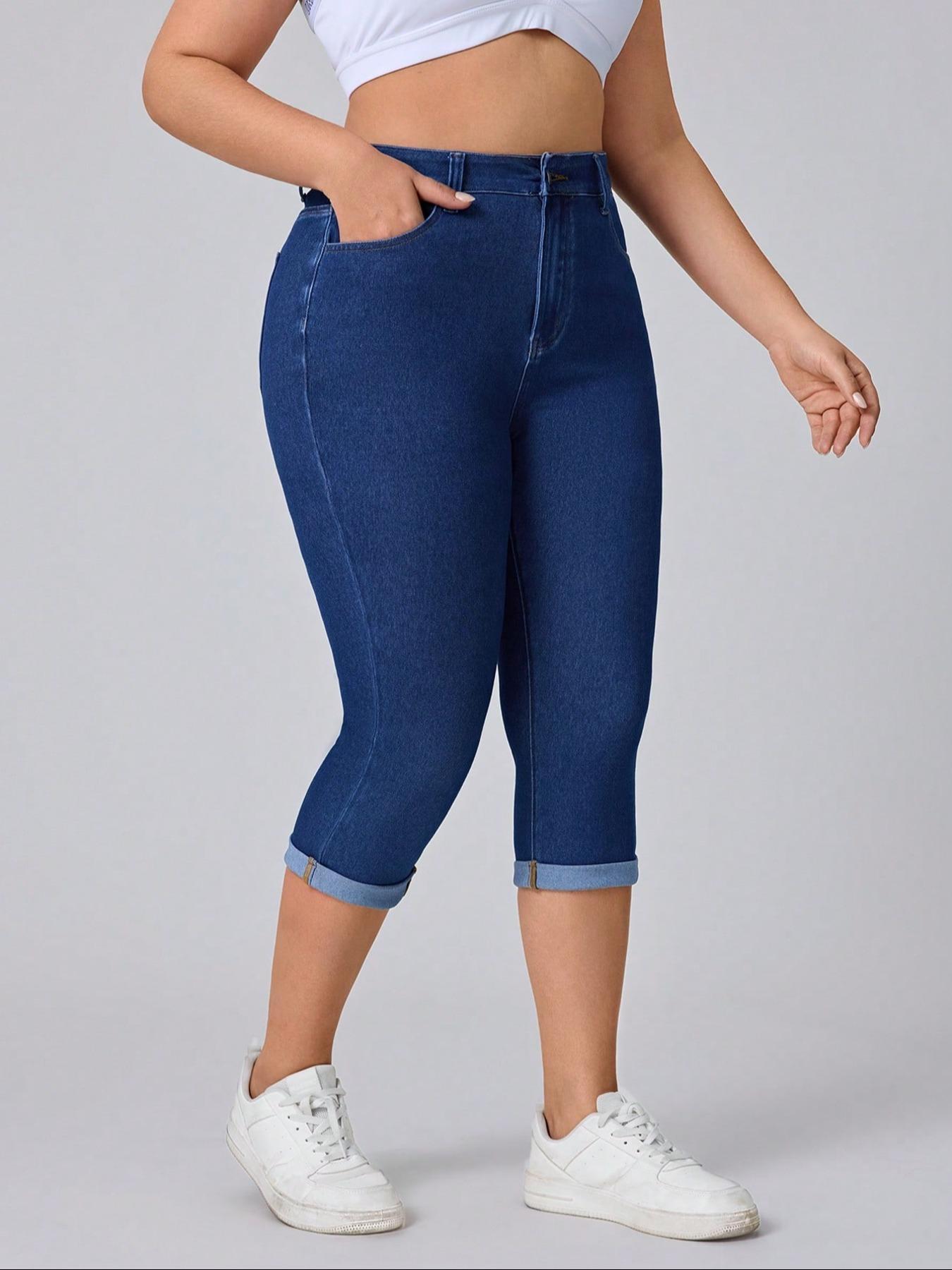 【Plus Size】Skinny Capri Jeans, Casual Comfy Basic Capri Denim Pants for Daily Wear, Women's Bottoms for Summer