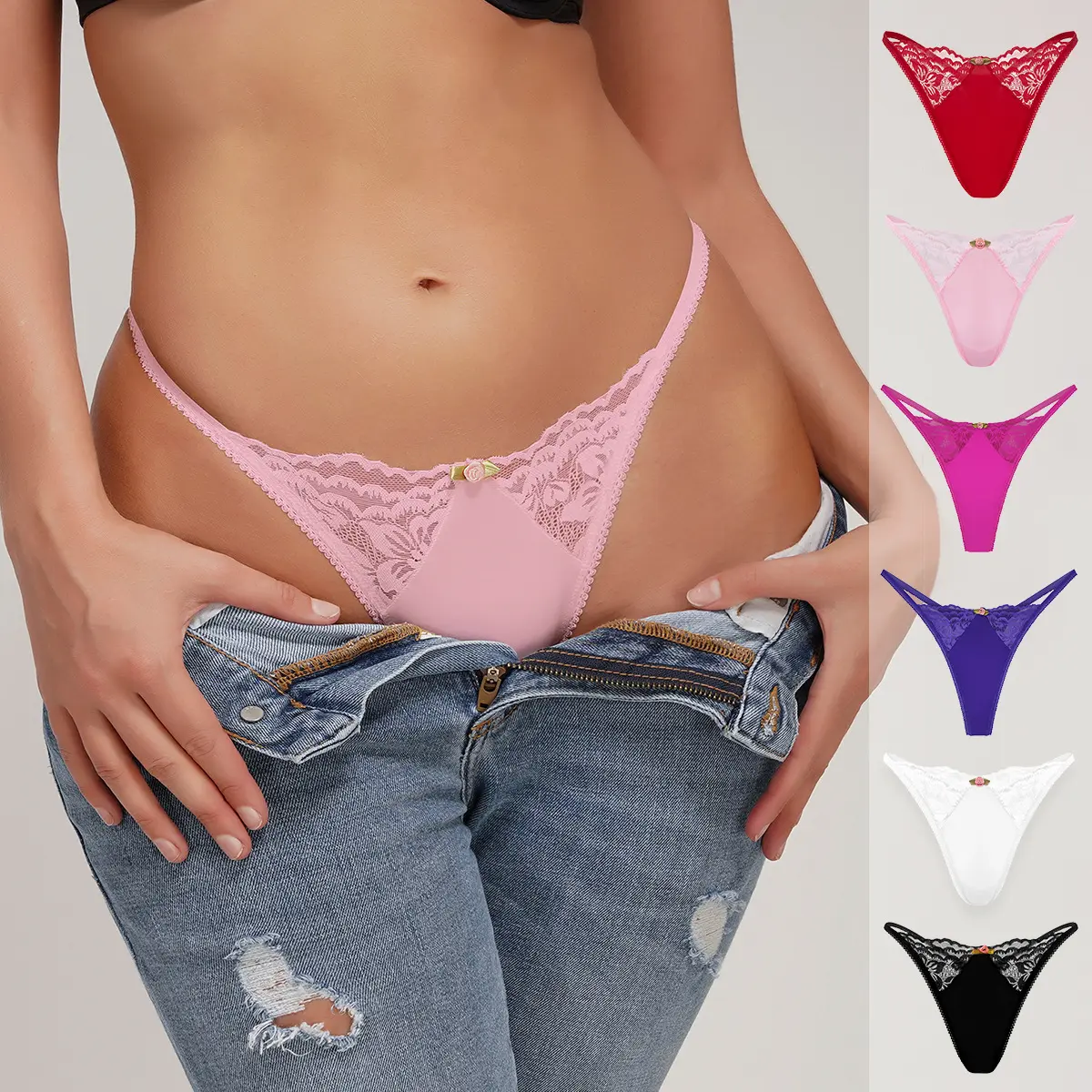 6-Packs Sheer Lace Low-Rise Thong for Women, Strappy G-String with Seamless No-Show Design & Cotton Lined Gusset, Breathable Sexy Underwear for Tight Outfits, Yoga & All-Day Comfort