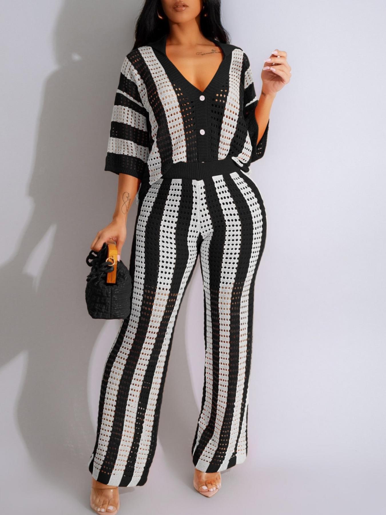 Two-Piece Set Women's Colorblock Striped Print Hollow Out Button Front Top & Wide Leg Pants, Casual Drop Shoulder Collared Top & High Waist Pants for Spring & Summer, Women 2 Piece Outfit, Summer Beachwear Set for Women, Vacation Outfit, Clothing Sets