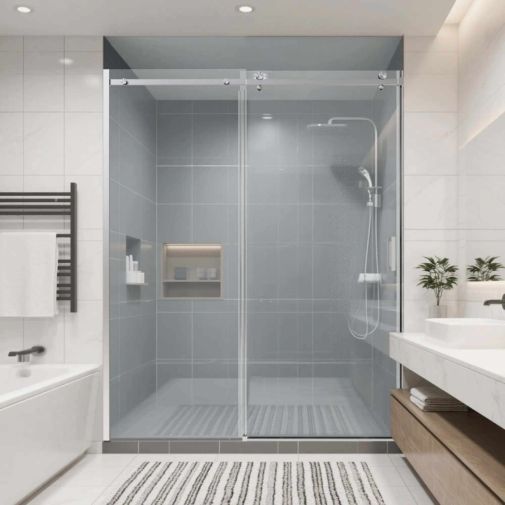 ARCH 56-60 Inch Width x 74 Inch Height Frameless Single Sliding Shower Door, 5/16 Inch (8mm) SGCC Tempered Glass, Brushed Nickel Finish, Modern Bathroom Shower Enclosure, Clear Glass Sliding Door for Walk-In Shower, Bathroom Shower Door