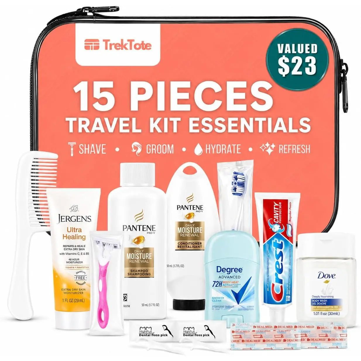 15 Piece Set Women’s Travel & Hygiene Kit with Clear Toiletry Bag, Personal Care Essentials, Single Kit or Bulk Case Packs, TSA Approved Toiletry Kit for Travel, Vacation, Everyday Essentials