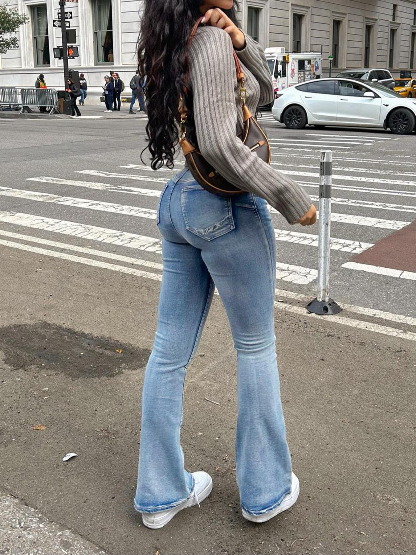 Women's Mid-rise Washed Stretch Skinny Flared Jeans, Hip-lifting Slim Flared Pants