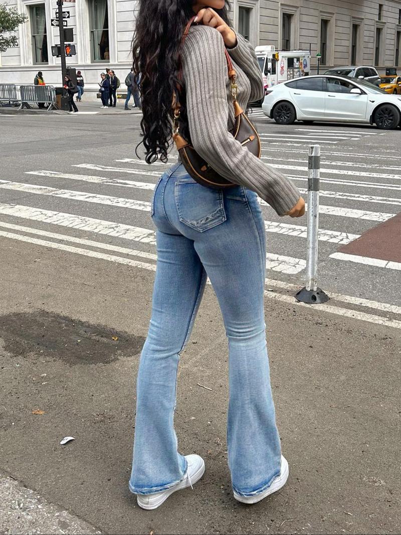 Autumn women's mid-rise washed stretch skinny flared jeans, hip-lifting slim flared pants, Christmas atmosphere wear