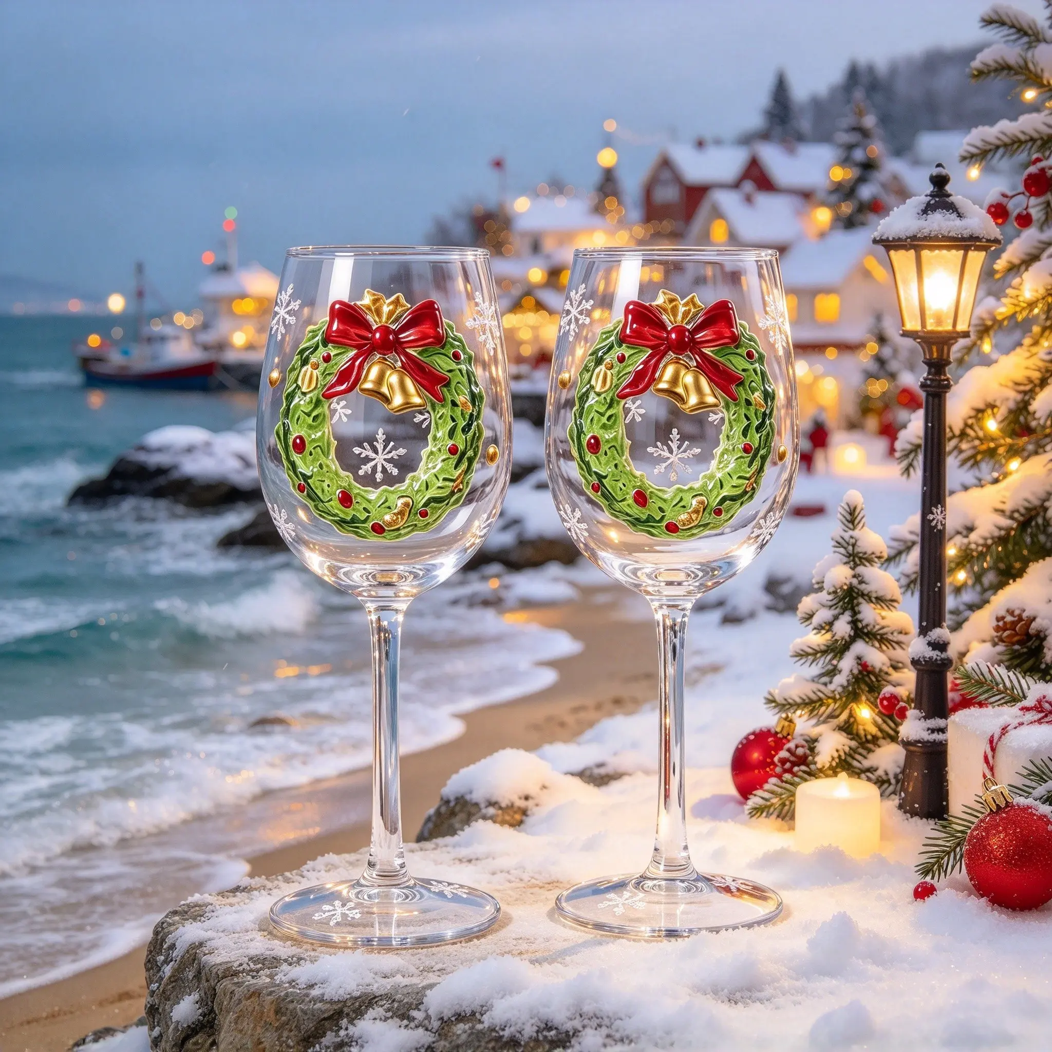 Christmas Wreath Wine Goblet Set of 2, eye-catching novelty drinkware for holiday celebrations. Fine painted design, ideal for hosting guests on Christmas Eve, a lovely surprise gift for anyone who enjoys holiday wine moments