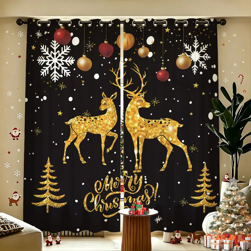 2Panels Christmas Gift Blackout Curtains with Golden Reindeer Pine Print Design, Light Blocking Living Room Window Panels, Bedroom Darkening Drapes
