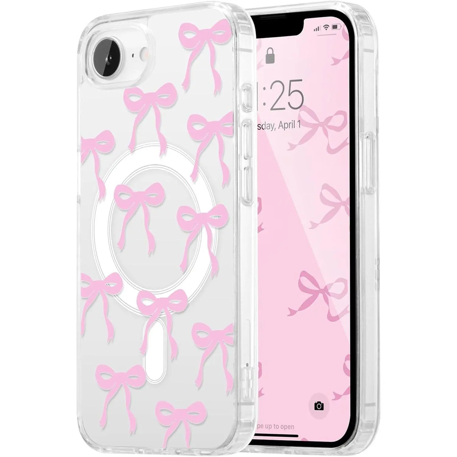 Magnetic for iPhone 17e/iPhone16e Case, Bow Case Compatible with MagSafe, Wireless Slim Clear Ribbon Aesthetic Phone Cover Anti-Yellowing Shockproof Protective Cover for Women Girl - Pink