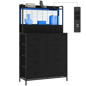 Garvee Smart 11-Drawer Fabric Dresser with Built-in Charging Station, Wireless Charger & App-Controlled RGB LED Lights, Anti-Tipping Industrial Storage Cabinet for Bedroom, Rustic Brown Finish