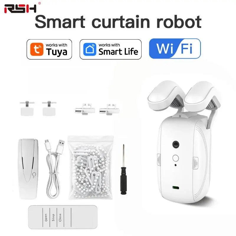Tuya WiFi Smart Curtain Robot for Roman Rod Track, Remote & APP Control, Voice Compatible, Auto Open, Fits 2.1-3.8cm, Alexa Google Home Ready