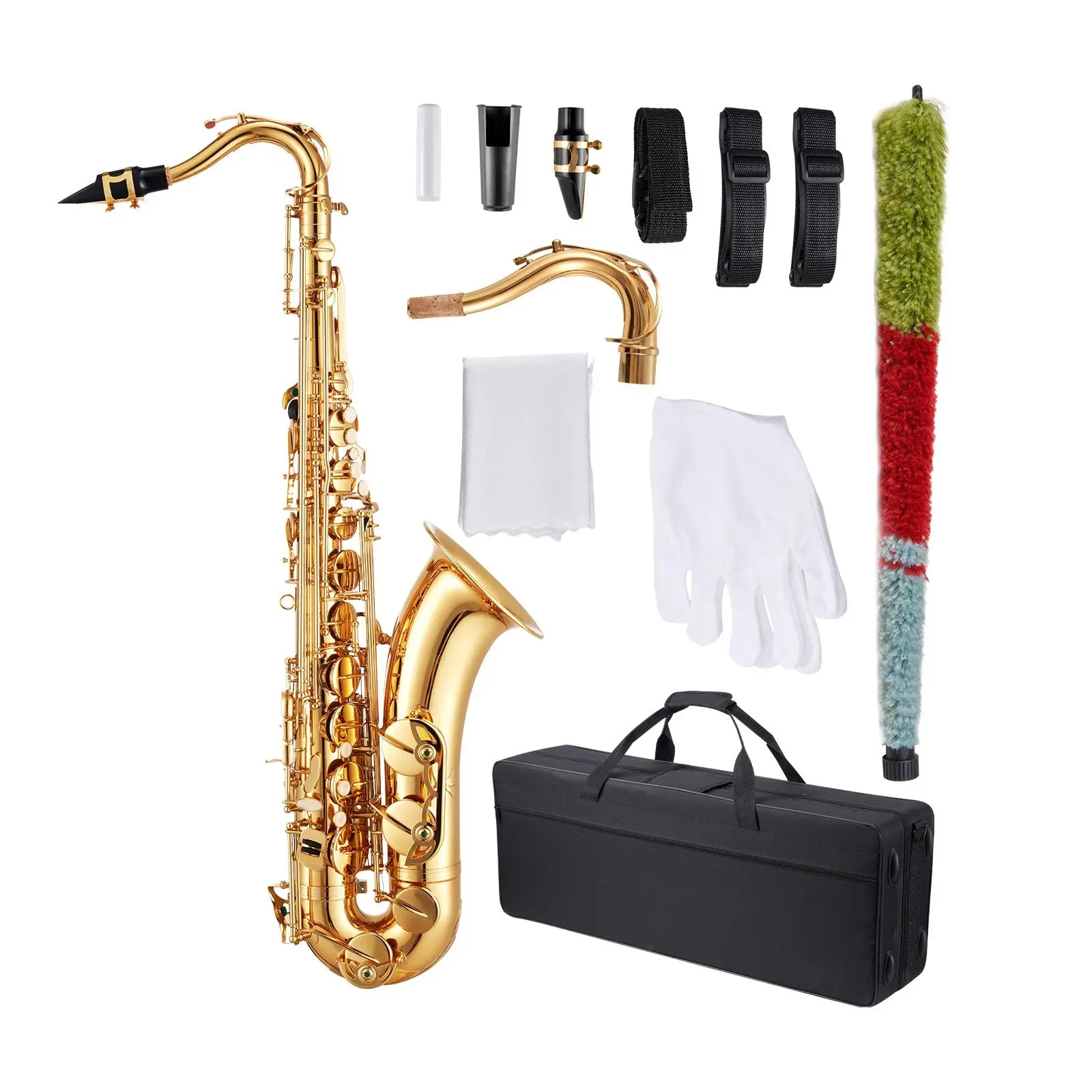 B-Flat Gold Brass Tenor Saxophone Beginner Kit, Student Wind Instrument with Case, Straps, Mouthpiece, Reeds, Cleaning Swab, Oil, Neck Strap, Carrying Bag, Instruction Booklet for Entry-Level Learning