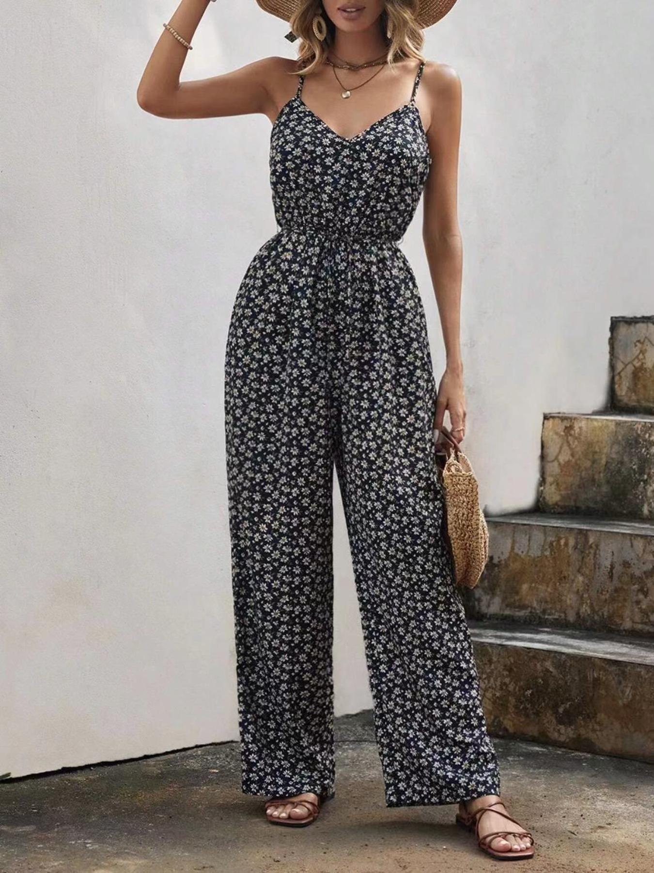 Women's Ditsy Floral Print Backless V Neck Cami Jumpsuit, Boho Fashion Sleeveless High Waist Straight Leg Jumpsuit for Daily Holiday Vacation Wear, Ladies Summer Clothes