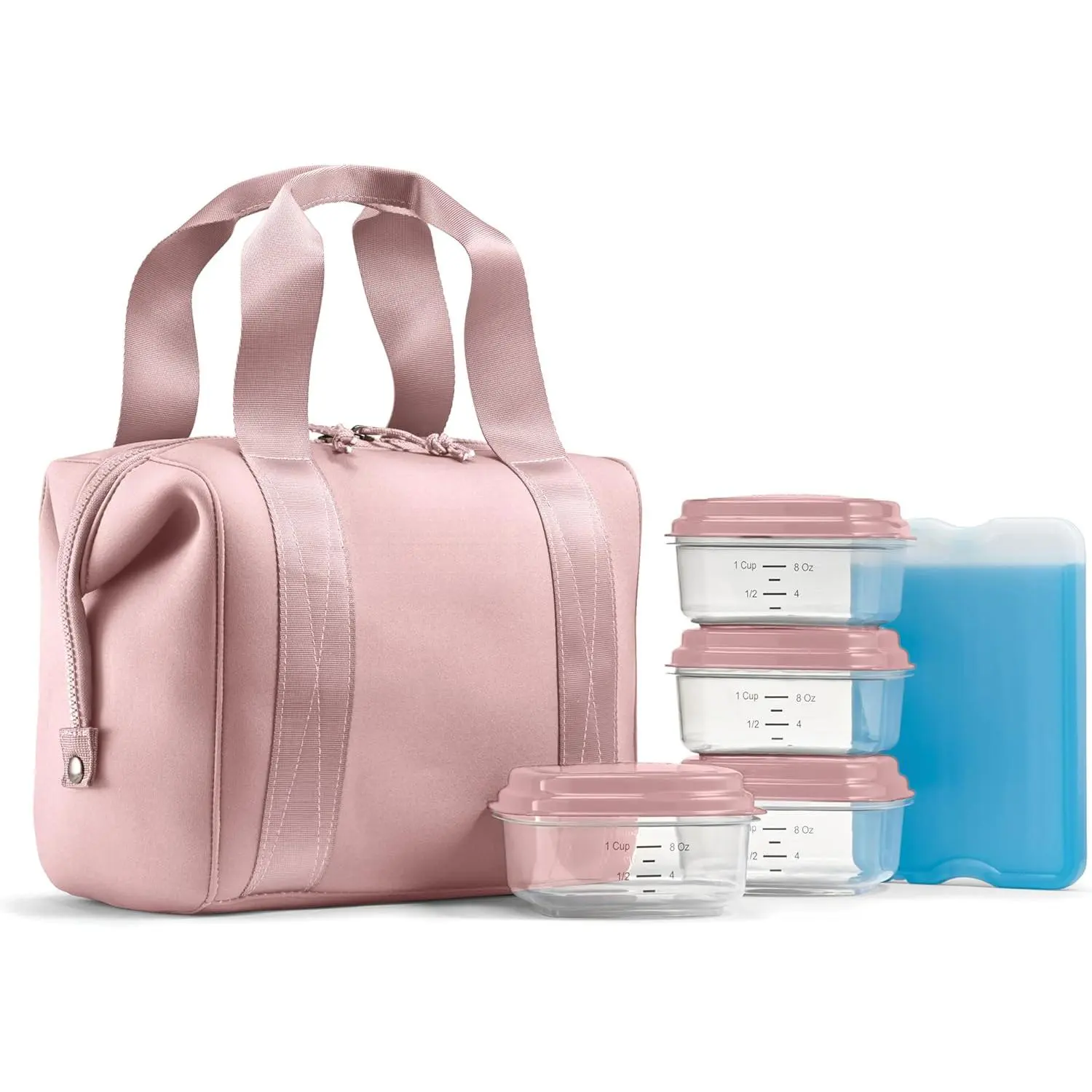 Women's Neoprene Lunch Bag - 10" x 6" x 9" Meal Prep Kit with 4 Containers, Extra-Large Ice Pack, Self-Insulating Material, Machine Washable, Tear-Resistant, Stain-Resistant, Snap Buttons, Light Purple for Sisters, Colleagues