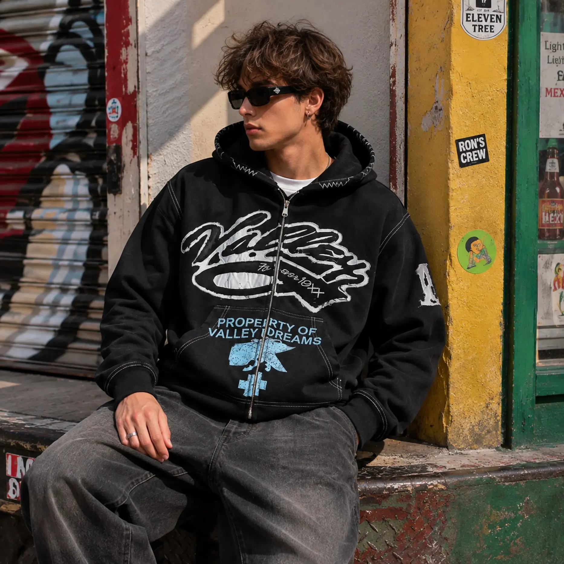 VALE Valley Dreams Men's 380G Heavyweight Zip Up Hoodie, Washed Cotton Embroidered Graphic Sweatshirt, Oversized Y2K Hip Hop Streetwear Jacket, Distressed Hooded Casual Top