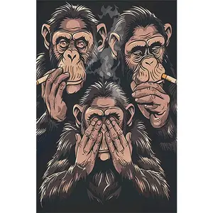 5D DIY Diamond Painting Kit with Tools No Frame Three Monkeys Smoking Design Full Drill Rhinestone Arts Craft for Home Wall Decor Living Room Bedroom Decoration Handmade Gift