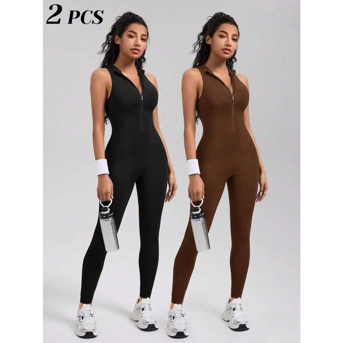 Women's Solid Color Sleeveless Zip-Front Tummy Control Yoga Jumpsuit - Comfortable Activewear for Gym Workouts & Outdoor Activities, Padded