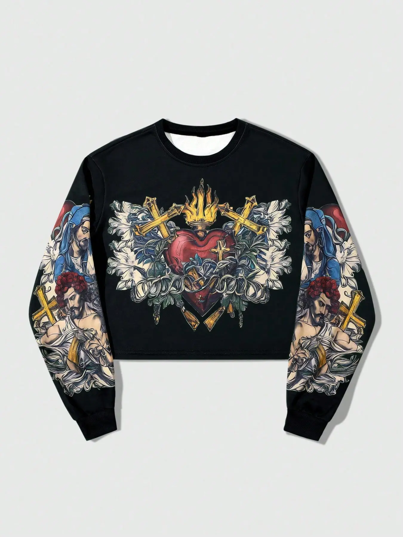 Men's Chicoano Tattoo Print Sweatshirt, Flame Sacred Heart Cross Full Print, Soft Fleece Y2K Retro Streetwear, Music Festival, Skateboarding