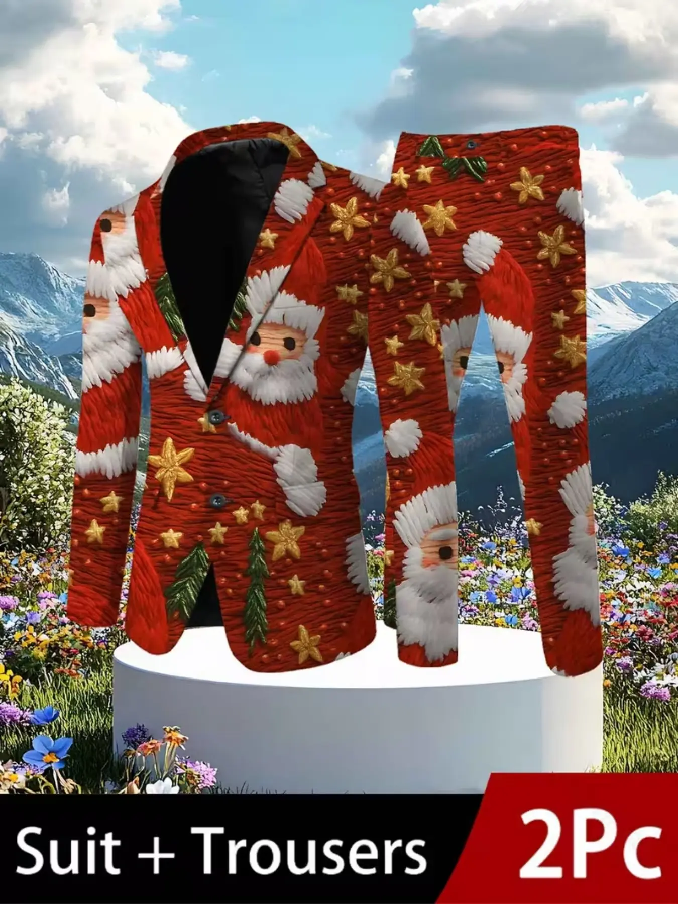 Men's Christmas Blazer Set, Santa Claus Star Print, Two-Button Jacket & Matching Pants, Casual Holiday, Festive Party Wear