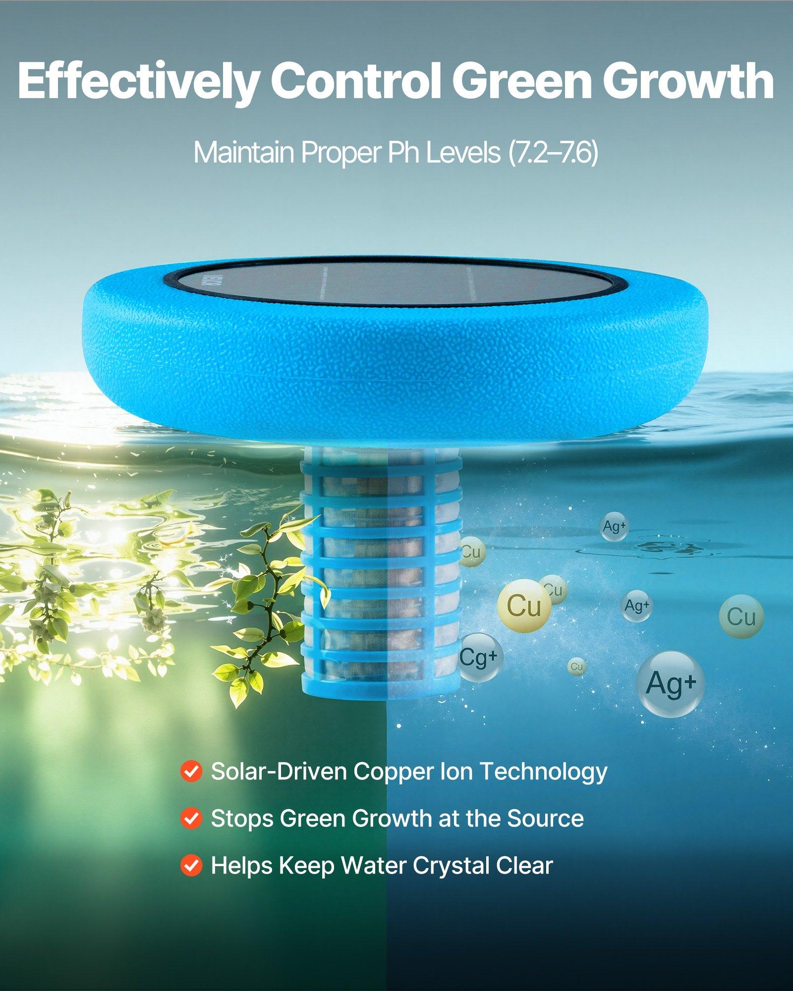 VEVOR Solar Pool Ionizer, Round Copper Pool Ionizer Up to 45000 Gal, Floating Automatic Water Cleaner and Purifier, Chlorine Free Water, with Copper Anode, Spring, Brush and Filter for Pools & Spas