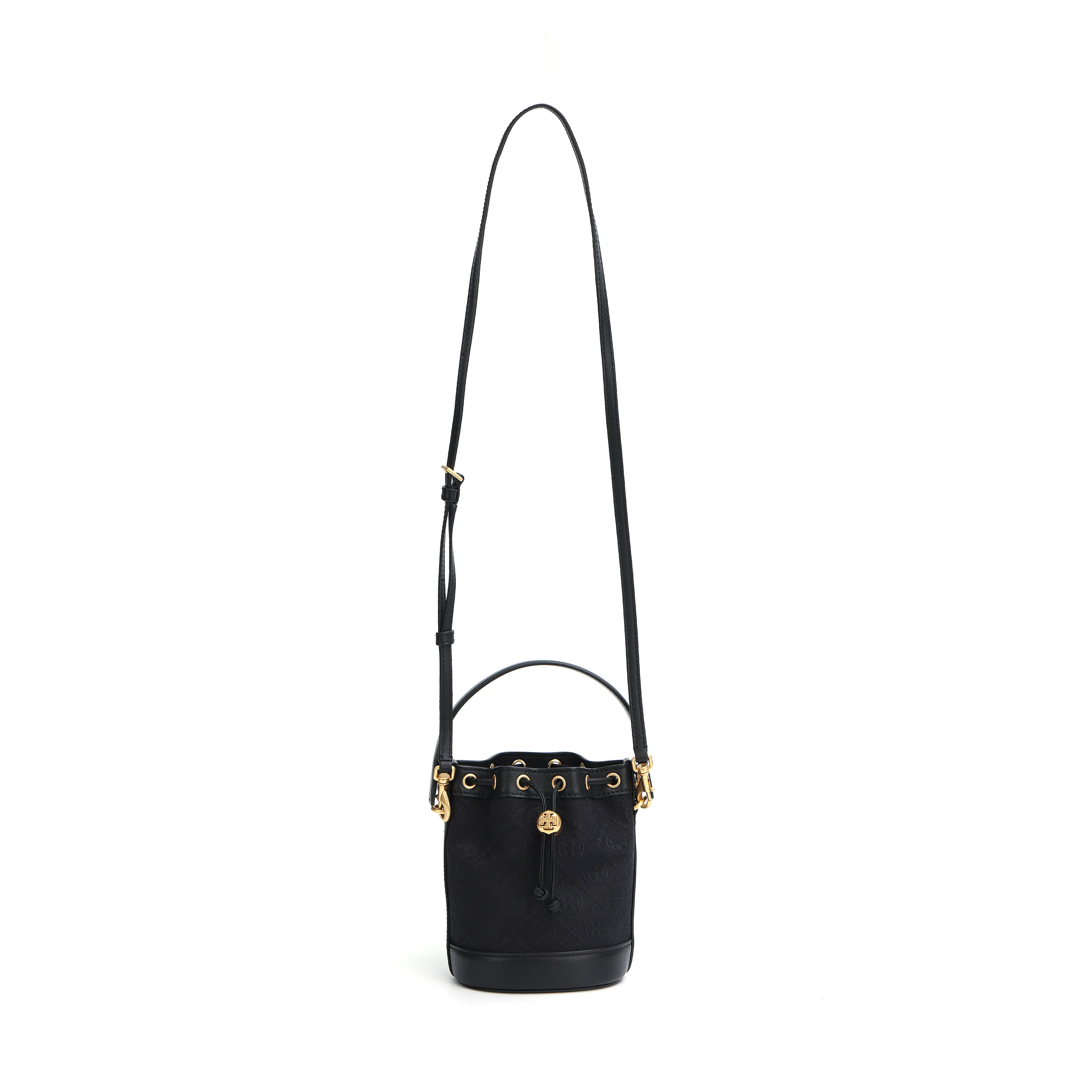 Tory Burch T Monogram Embossed Drawstring Bucket Bag for Women – Mini, Woven Jacquard with Genuine Leather Trim, Black