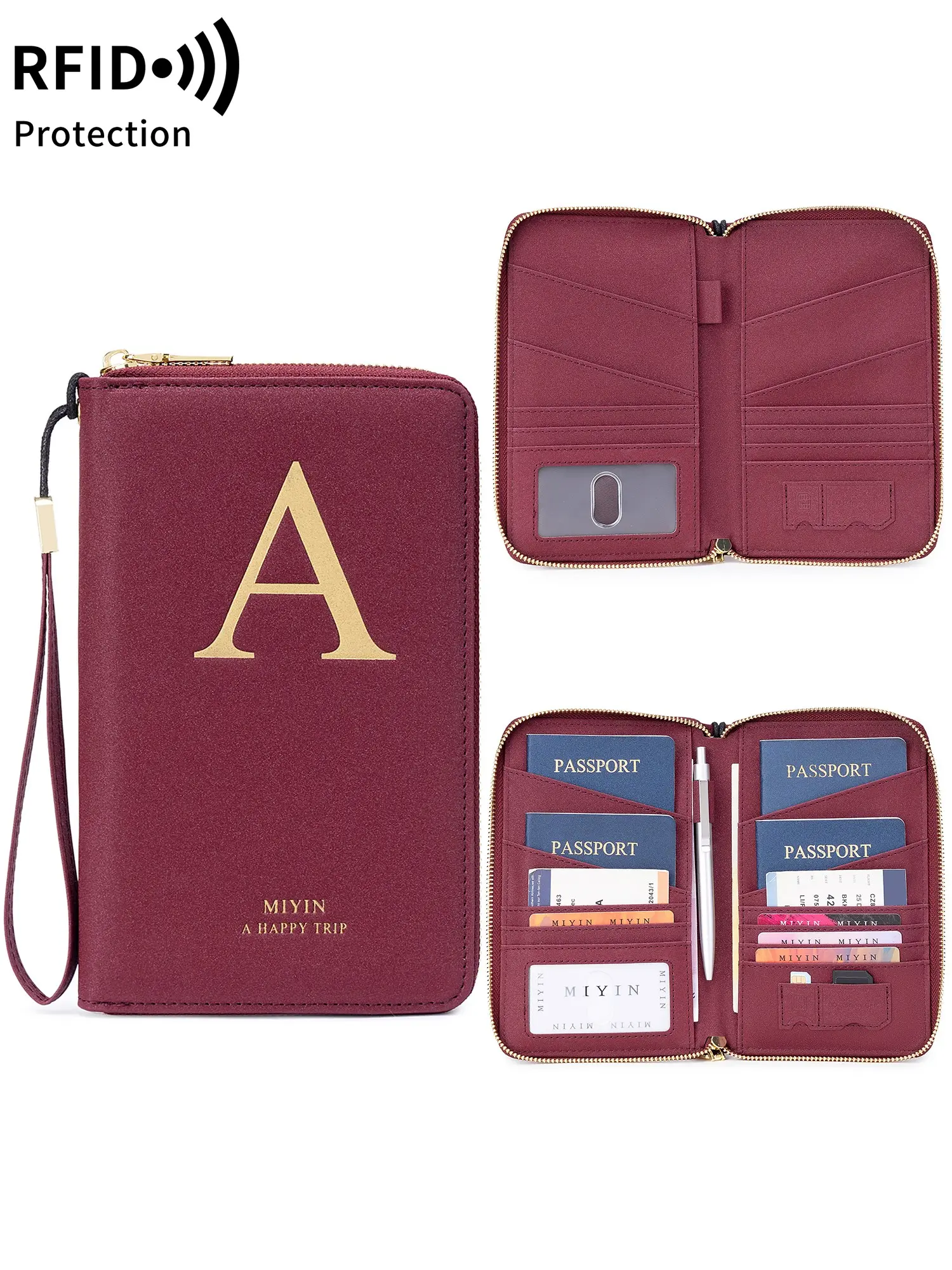 Stylish Custom 12 Letter Passport Holder, RFID Blocking Family Travel Wallet With Wrist Strap, Large Capacity Design Featuring Multiple Card Slots, Cash Compartment & Zipper Coin Pocket, Unisex Travel Document Organizer