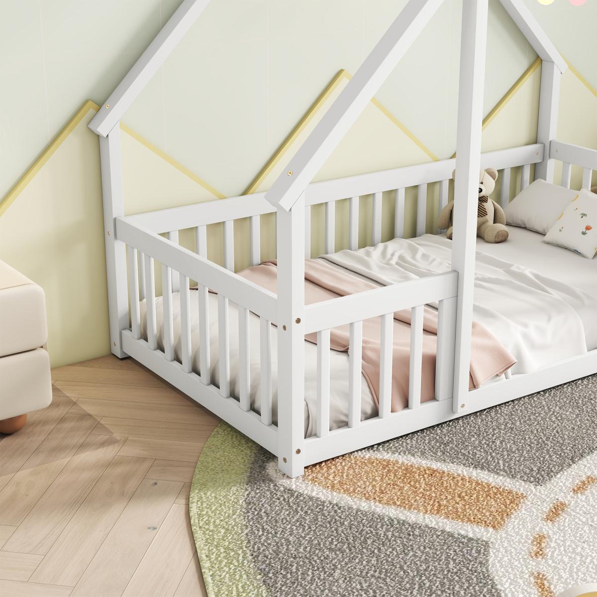No mattress included.，Twin Wood House-Shaped Floor Bed with Fence, Guardrails ,Twin Size House Bed. Montessori Floor Bed Frame with Safety Guardrails & Playhouse Roof Easy Assembly Toddler Bed for Boys and Girls.