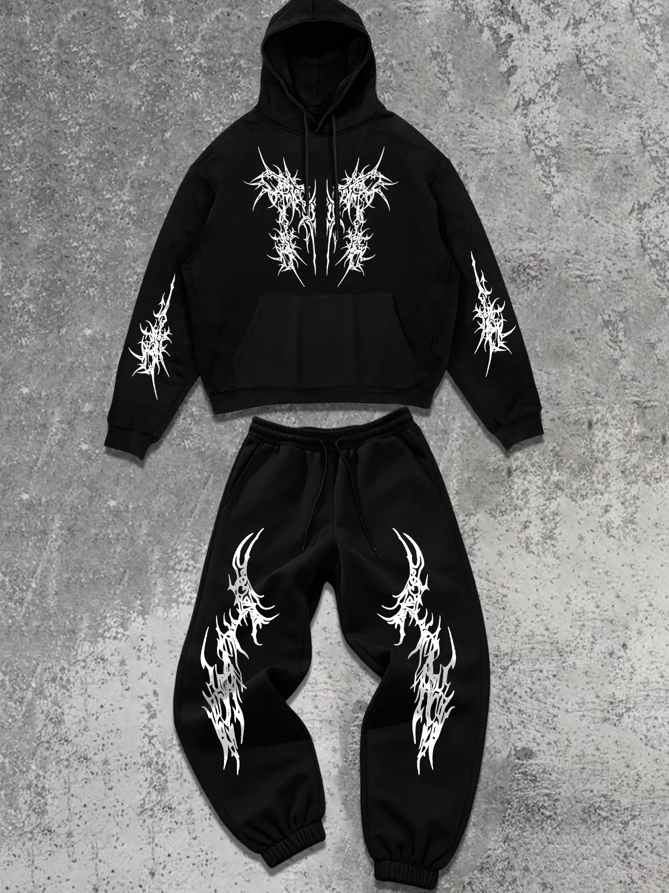 Men's Gothic Punk Casual Sweatshirt and Pants Set Outfit, Loose Fit Oversize, Dark Print, Cotton Fabric, Fall & Winter Fashion, Skateboarding