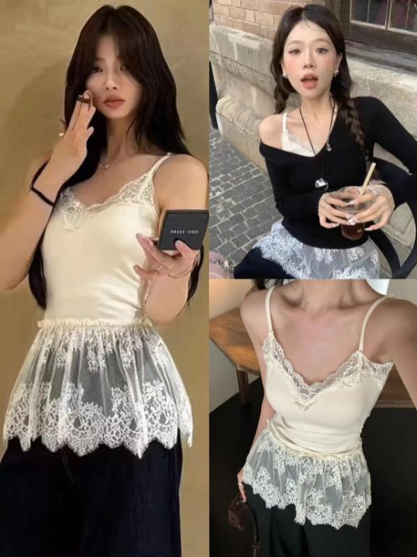 Aria Muse Korean Style Sexy Lace Sleeveless Crop Cami Top Women 2026 Summer Mesh Layer Tank Top Y2K Clothes Ruched Skinny Backless T-shirt