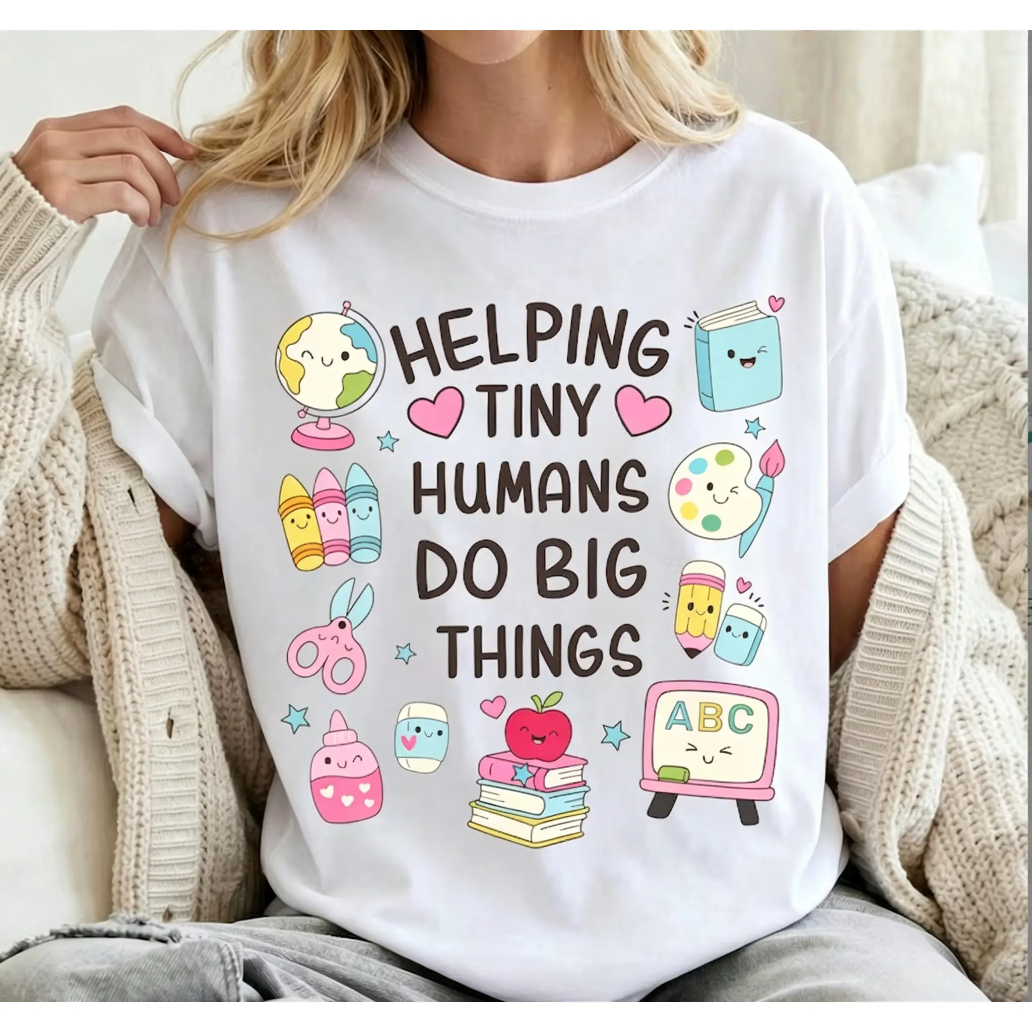 Helping Tiny Humans Do Big Things Cute School Supply Graphic Short Sleeve T-Shirt,Back to school Outfit,Cartoon Globe Crayon Book Apple Paint Palette ABC TV Print, #   TikTokMadeMeBuyIt #   TikTokShop # BackToSchool # FirstDayOfSchoolOutfit