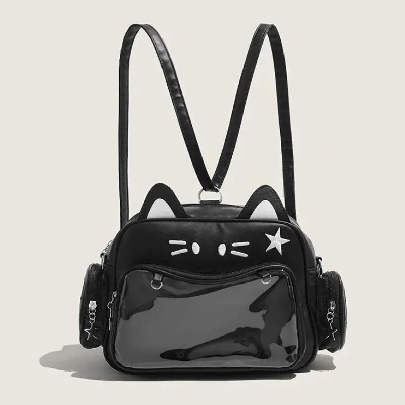 Y2K Kawaii Cat Ear Ita Casual Backpack - PU Material School Bag with Transparent Display Pocket, Multi-Way Strap Convertible Shoulder Crossbody Daypack for Girls' School & Cosplay