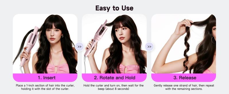 3 in 1 Automatic Curling Iron with 3 Curling Barrels 1" - 1.25" - 1.5" Rotating Iron 3 Temp Settings 10S Fast Heating Anti-Scald Dual Voltage Pink Hair Styling Tool Handle Gift