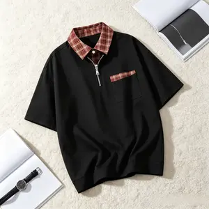Men’s Classic Half-Zip Colorblock Polo Shirt - Checkered Collar, Smooth Fabric, Relaxed Fit, Pocket, Loose Short Sleeve, Light Breathable Top, Summer OOTD Essential for Daily Outdoor, Casual Sport Street Style Menswear (Ideal for Joggers)