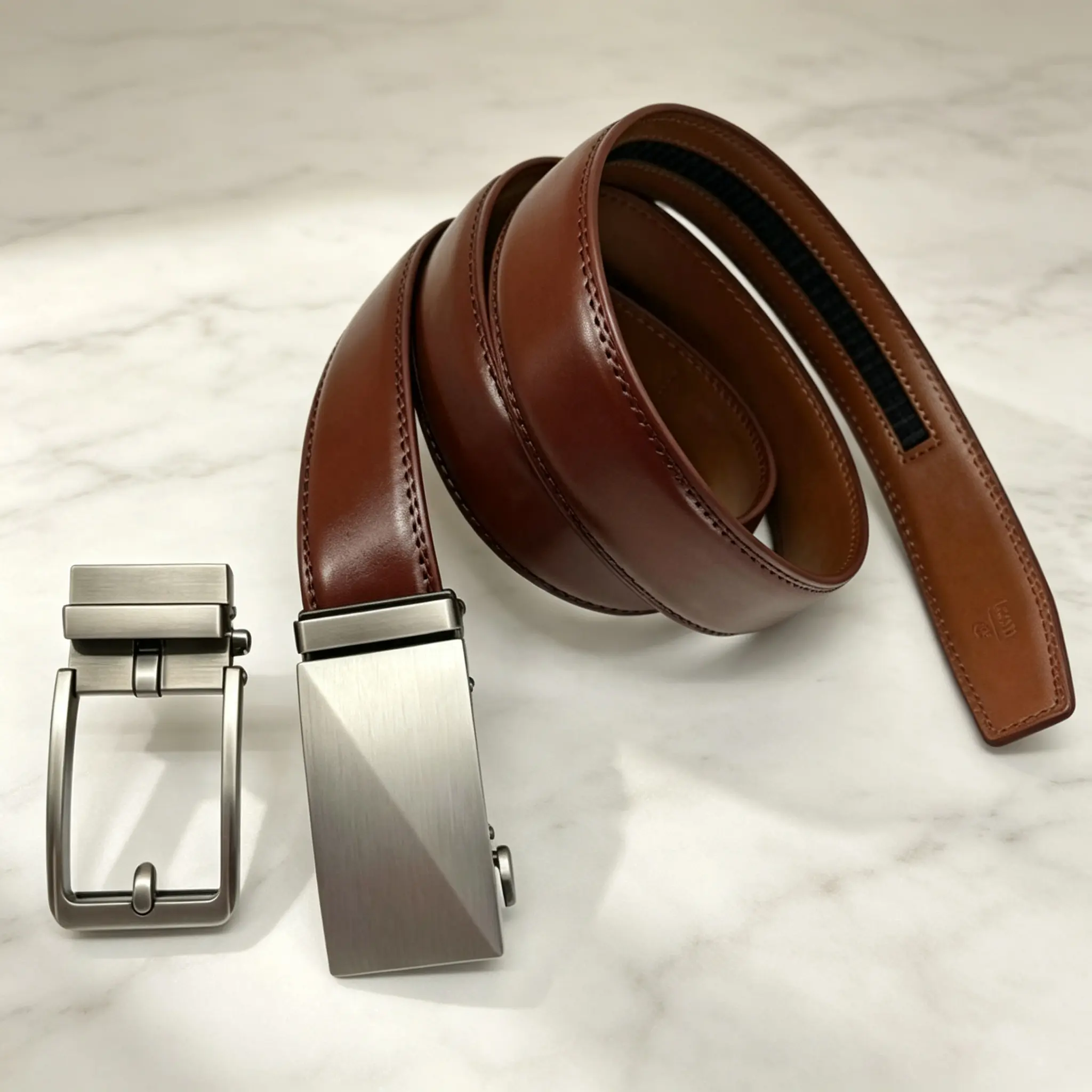 Men’s Full-Grain Cowhide Belt (2pcs Alloy Steel Buckles) - Automatic Pin, Customizable Click System, Adjustable Strap Casual Business Belt for Daily Use