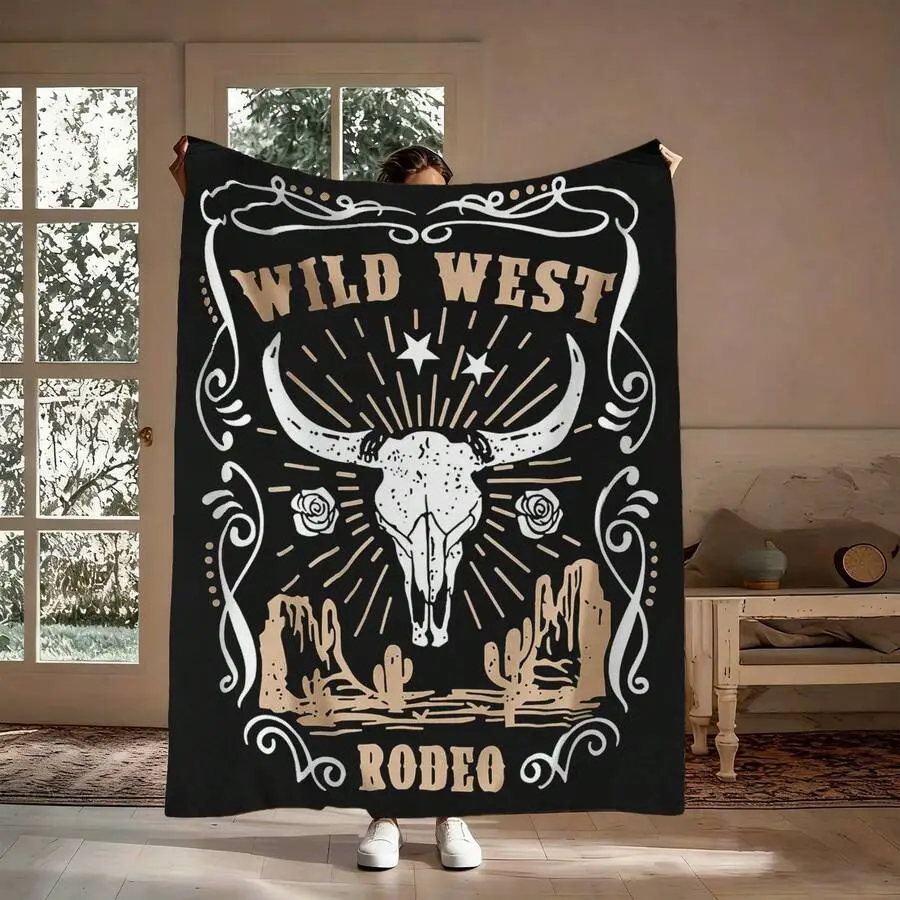 Wild West Rodeo Bull Skull Cactus Rose Vintage Graphic Flannel Blanket, Black Background Western Desert Cowboy Throw Blanket, Soft Plush Warm Blanket for Couch Bedroom, Cozy Comfy Nap Blanket, Perfect Giftable Decorative Blanket for Western Cowboy Rodeo F