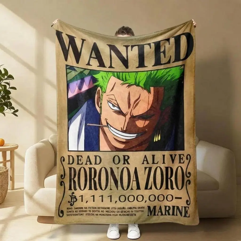 1pc Hot Anime ONEPS Z-Zoro Bounty Figure Print Flannel Throw Blanket, Retro Style with Wanted Text, Cozy, Soft Warming, Ideal for Bedroom, Home Use, Cozy Throw Blanket,, Camping Trip, 100X75 Cm